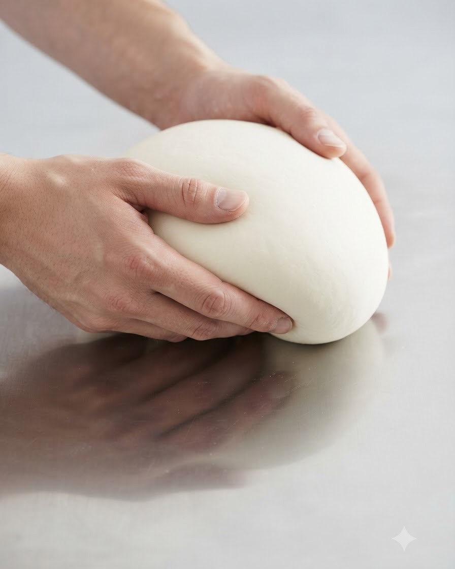 Manos amasando firmemente una bola de masa redonda y suave sobre una mesa metálica de acero inoxidable.