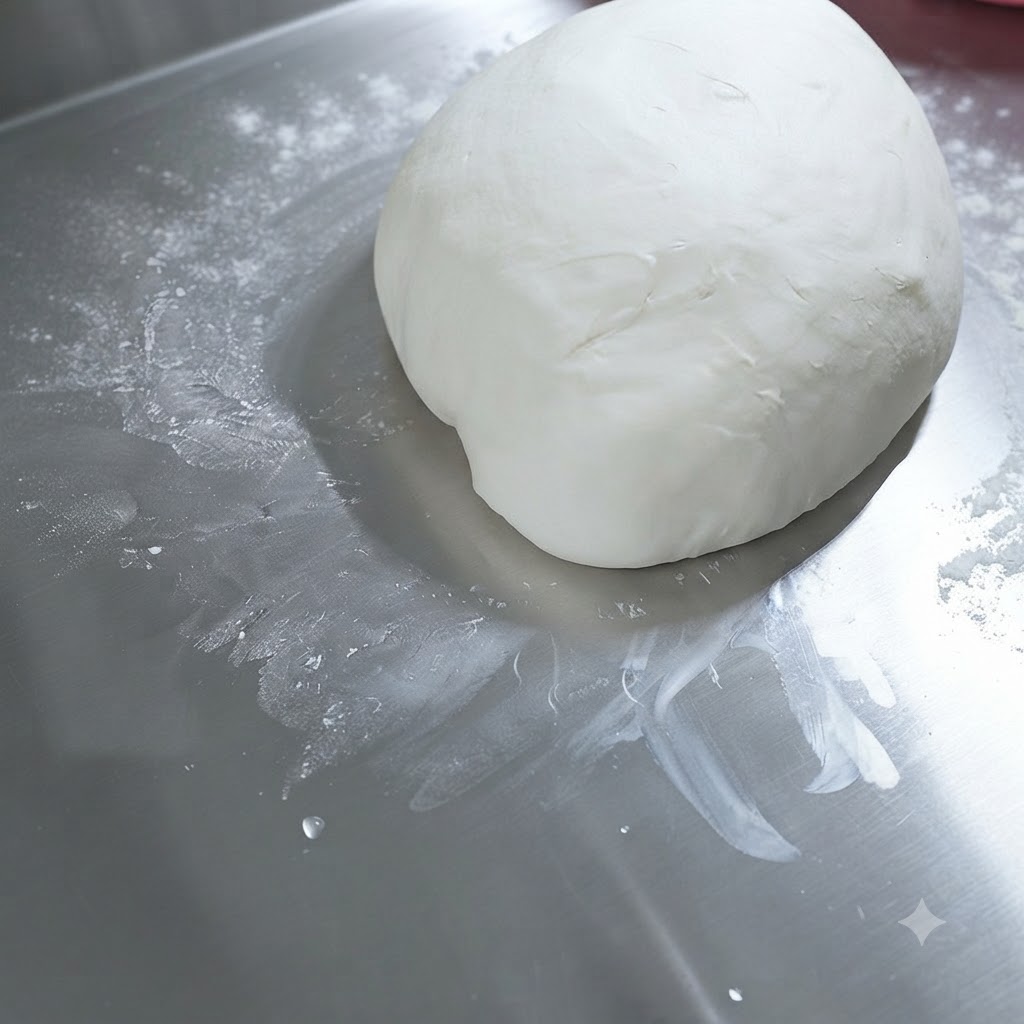 Una bola suave de masa de pizza reposando sobre una superficie de acero con un ligero brillo de aceite de oliva.