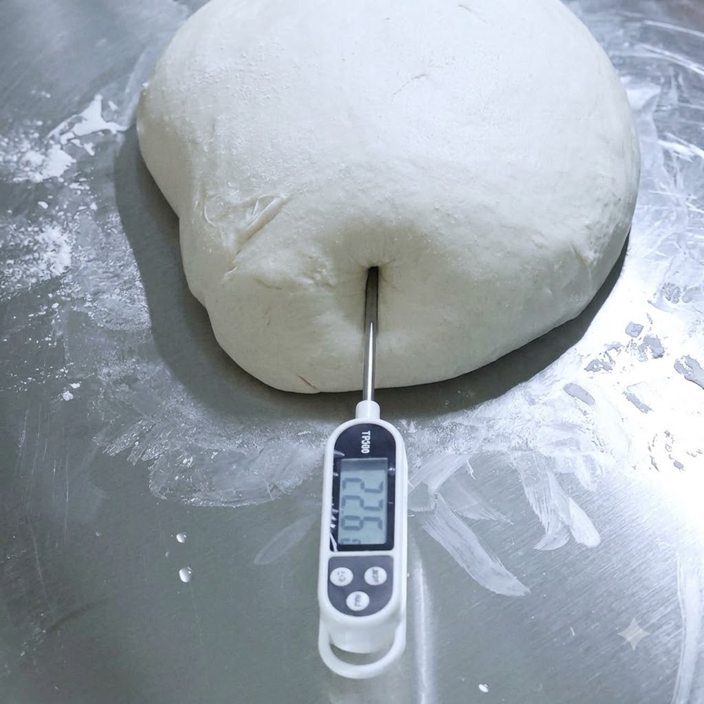 Un termómetro digital de alimentos insertado en un gran montículo de masa de pizza blanca sobre una superficie metálica.