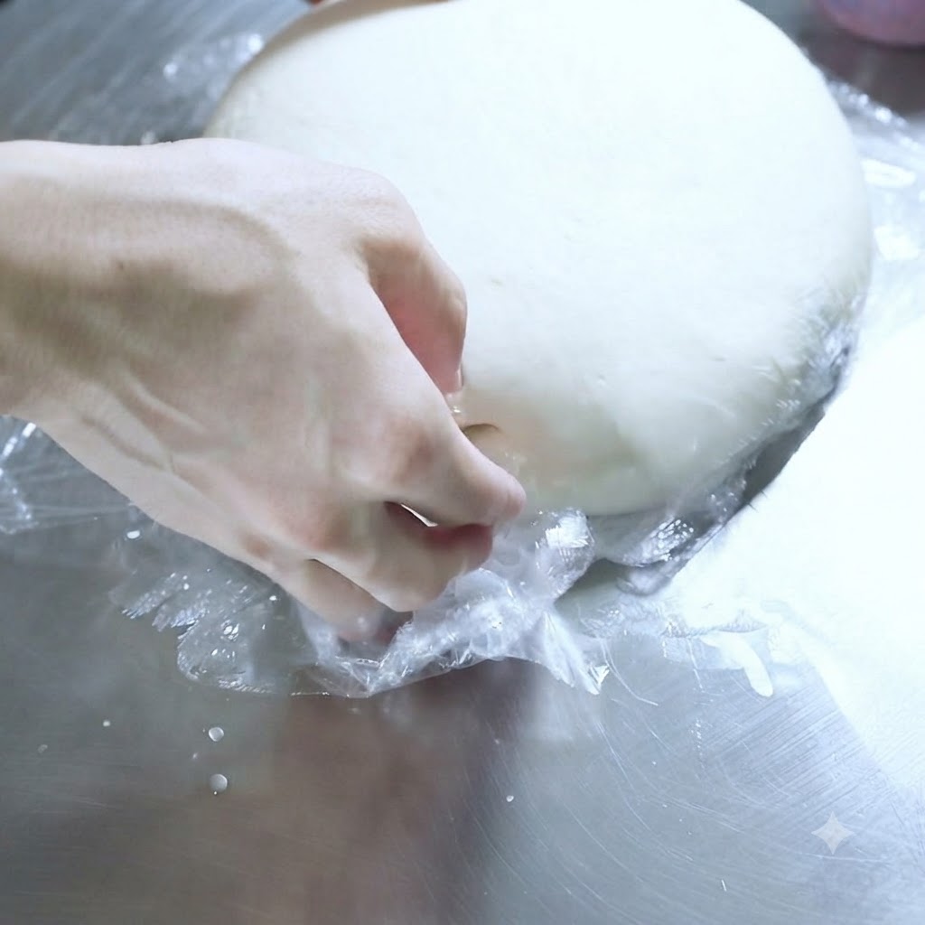 Un par de manos envolviendo firmemente un montículo suave de masa blanca con film transparente en una mesa de acero.