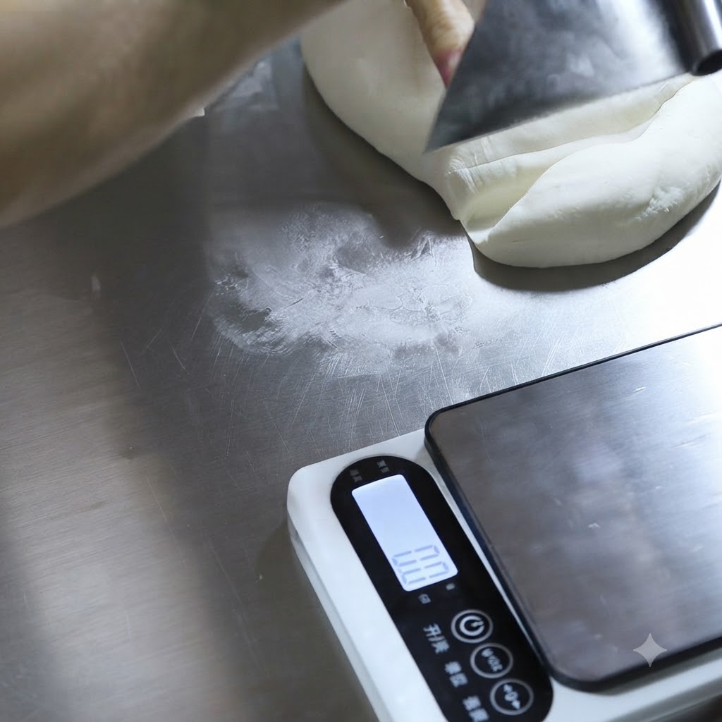 Una rasqueta de banco cortando un trozo grande de masa blanca junto a una báscula de cocina digital en una mesa de trabajo metálica.