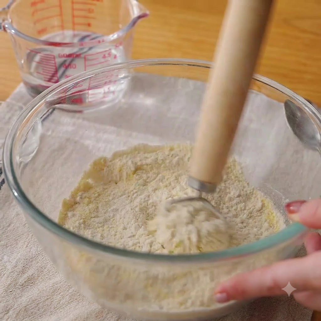 Un batidor mezclando harina y otros ingredientes secos en un bol de cristal.