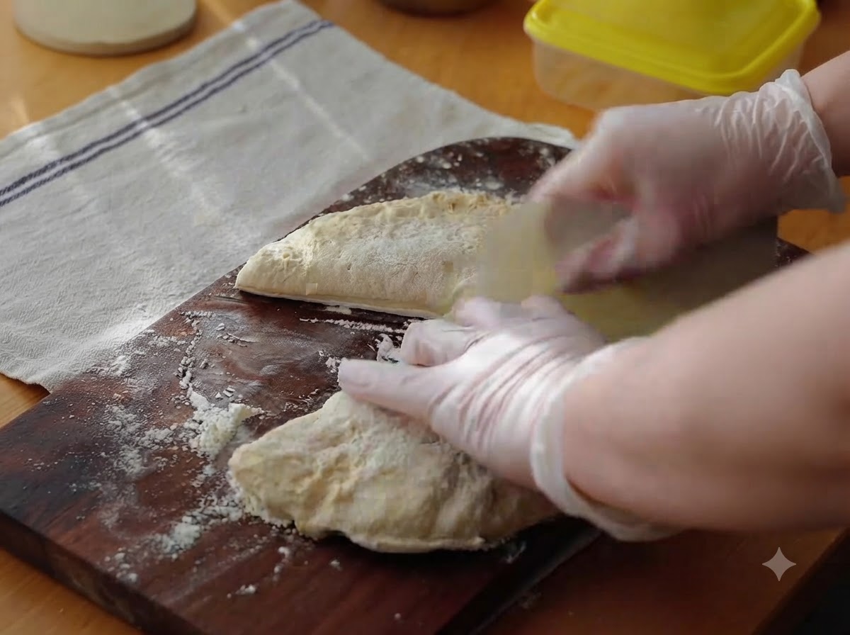 Manos con guantes dando forma a una porción de masa de pizza sobre una tabla de madera enharinada.