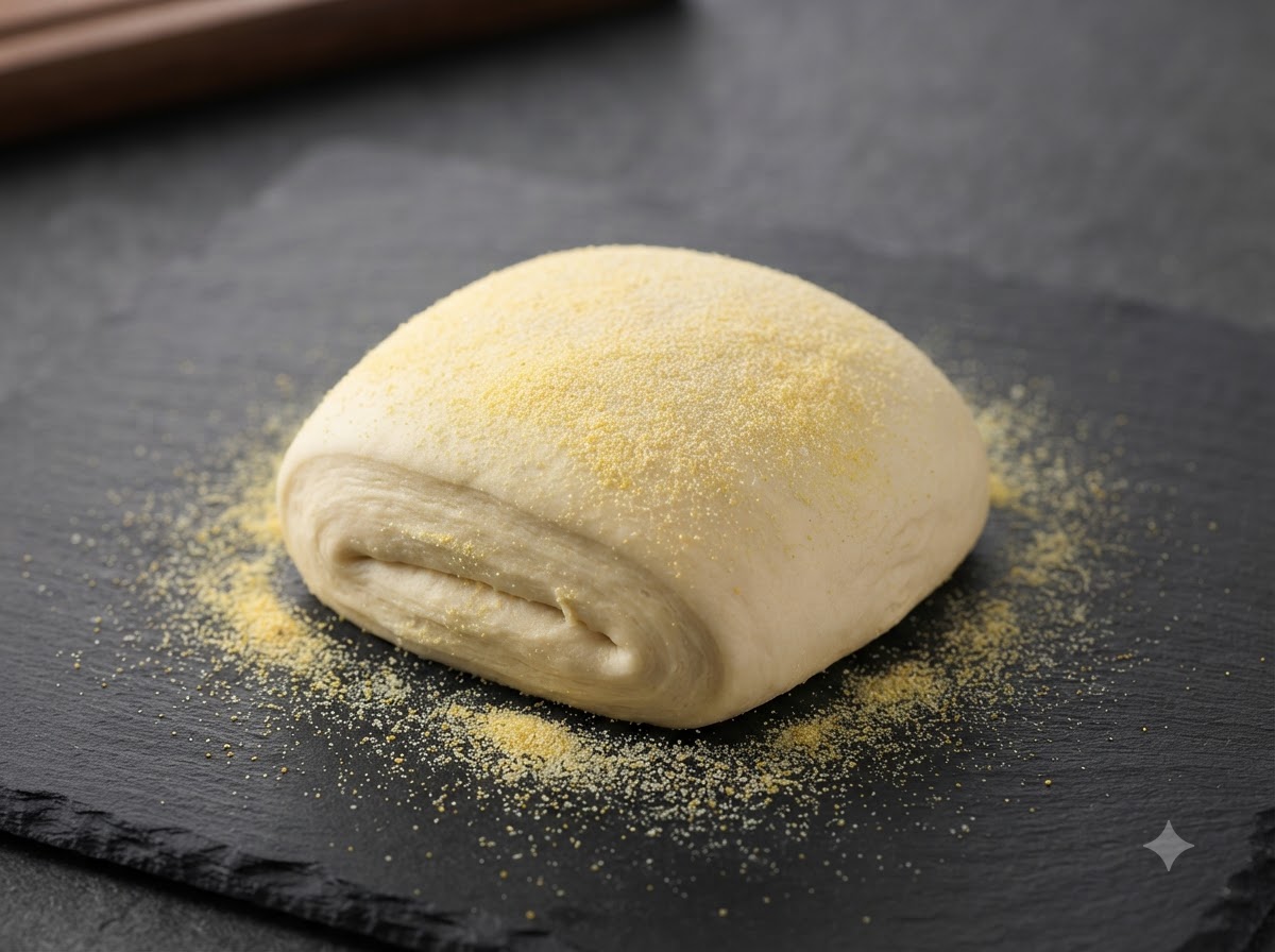 Una bola de masa de pizza reposando sobre harina de sémola amarilla en una tabla oscura.
