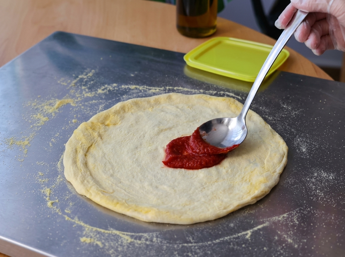 Una mano con guante usando una cuchara para extender pasta de tomate roja sobre una masa de pizza cruda.