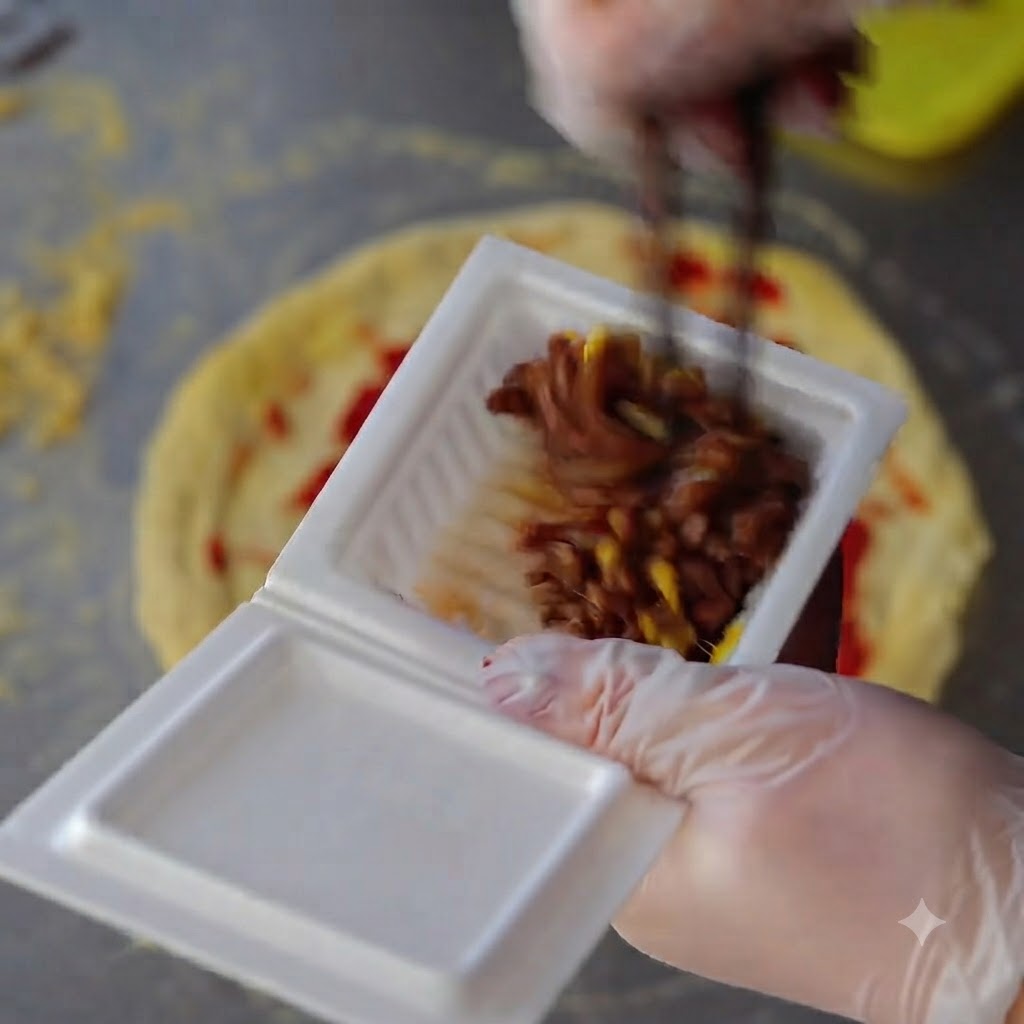 Vista de cerca de los granos de natto mezclándose con salsa de soja y mostaza dentro de un envase con palillos.