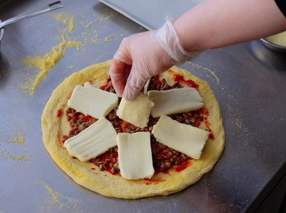 Colocando rodajas gruesas de queso mozzarella sobre la capa de natto.