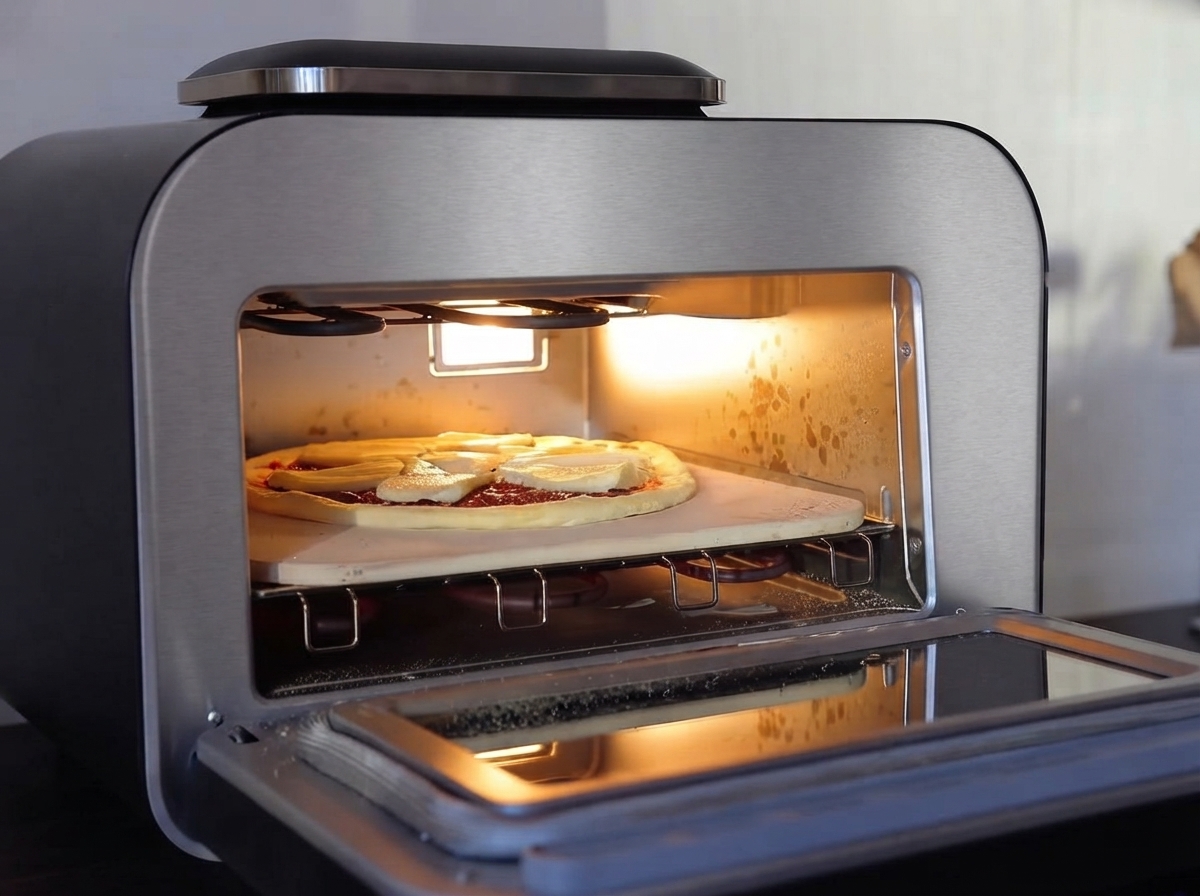 Una pizza montada siendo transferida desde una pala a la piedra caliente dentro de un horno para pizzas.