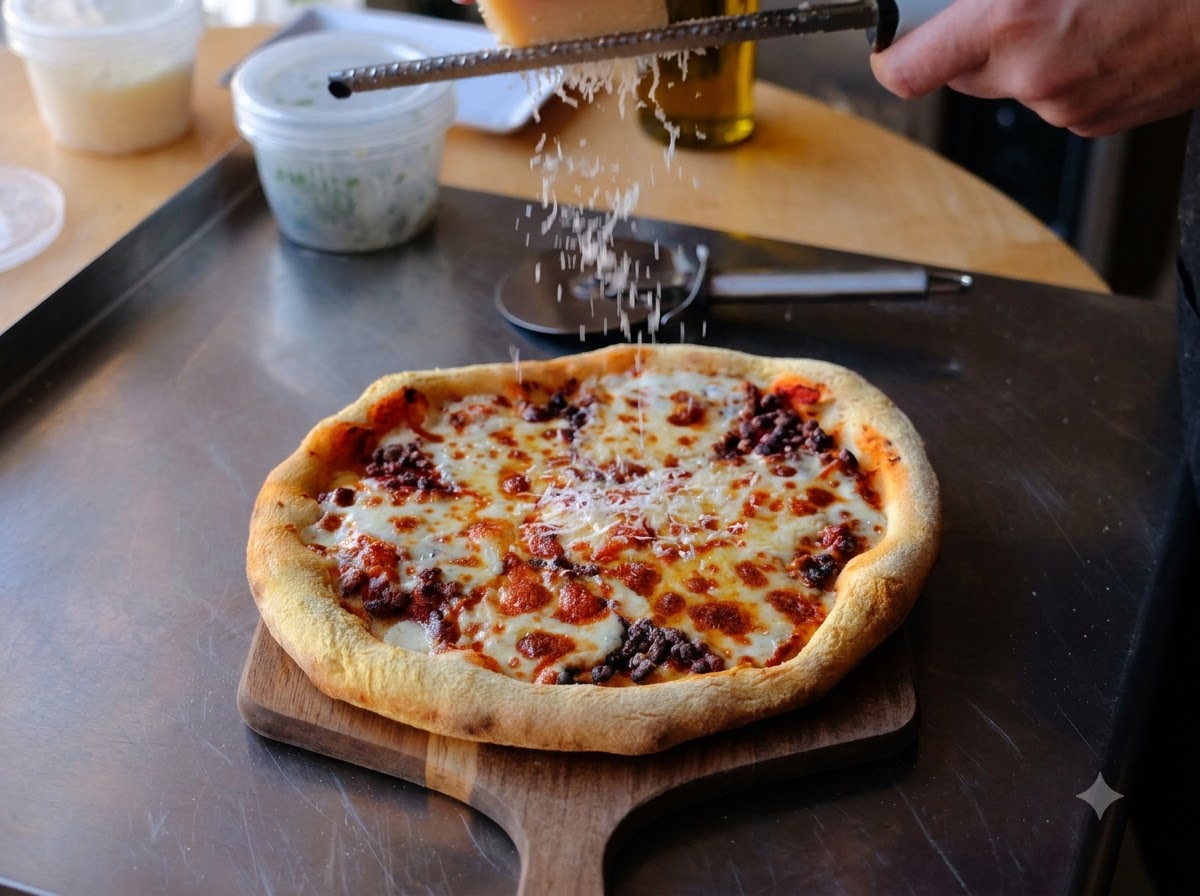 Rallando queso parmesano fresco sobre una pizza recién horneada en una pala de madera.