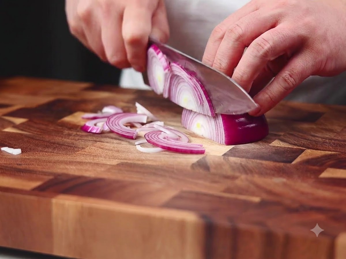 Un cuchillo de chef cortando una cebolla roja en finas medias lunas sobre una tabla de cortar de madera.