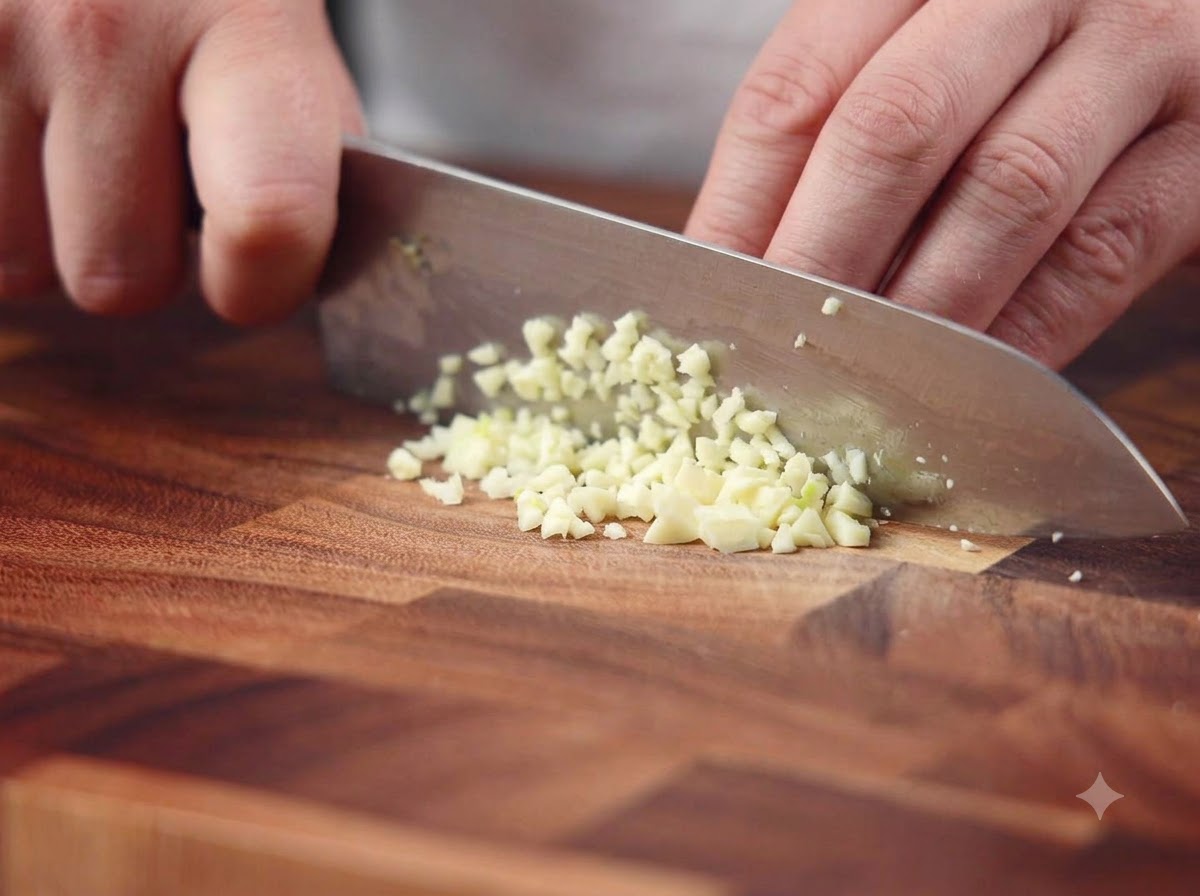 Dientes de ajo siendo finamente picados con un cuchillo de chef sobre una tabla de cortar de madera.