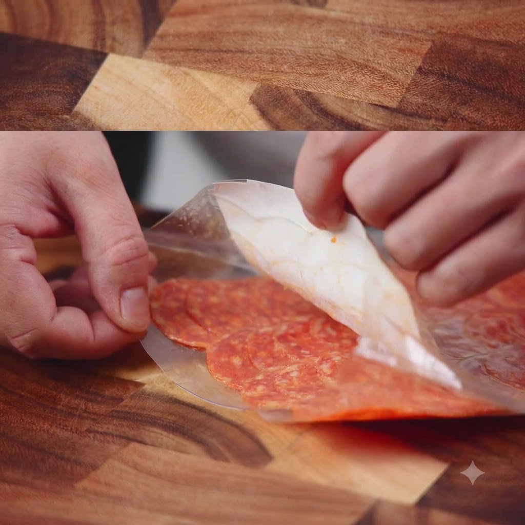 Manos abriendo un paquete de plástico de salami en rodajas sobre una superficie de madera.