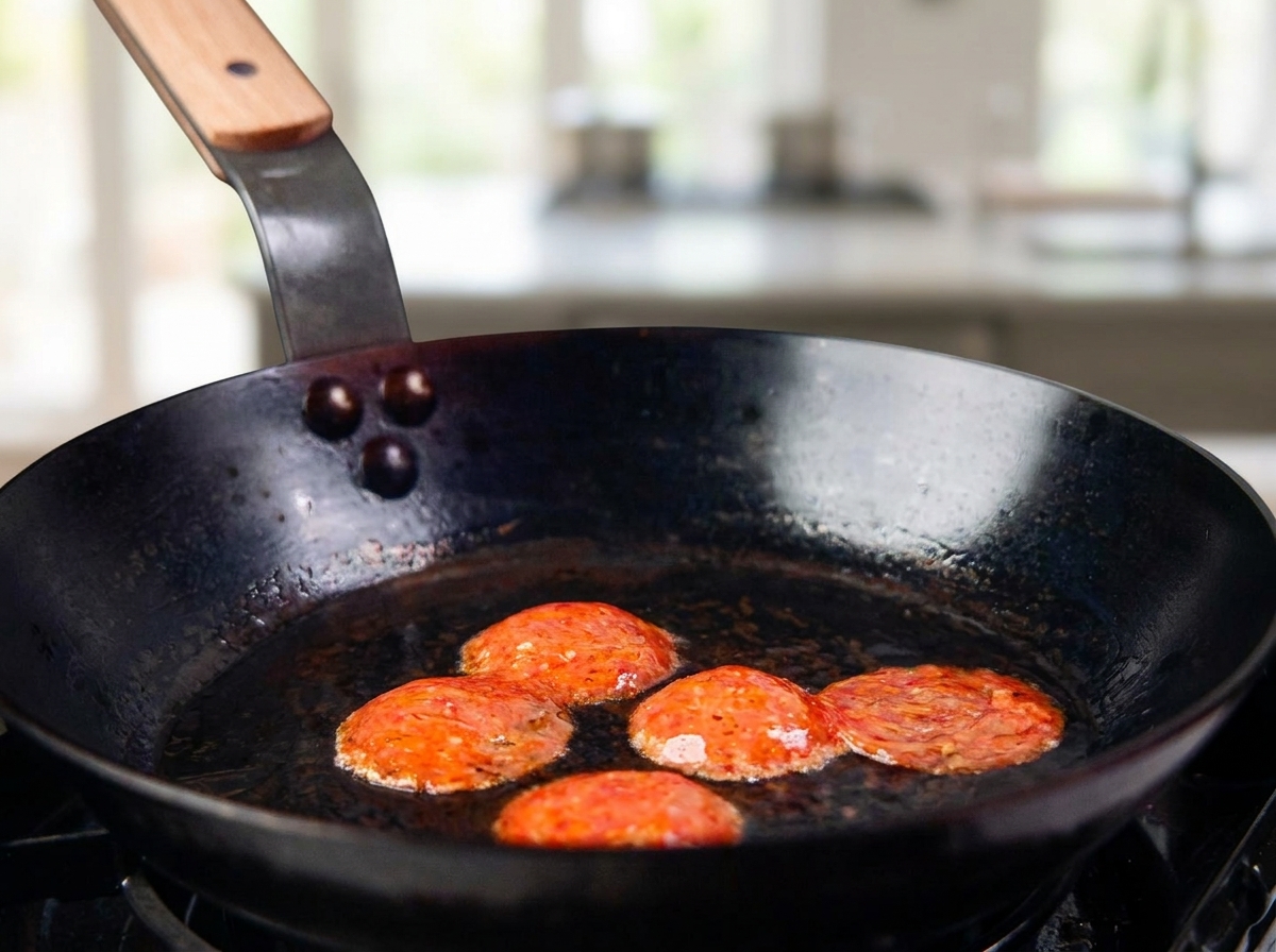 Rodajas de salami cocinándose en aceite de oliva dentro de una sartén negra.