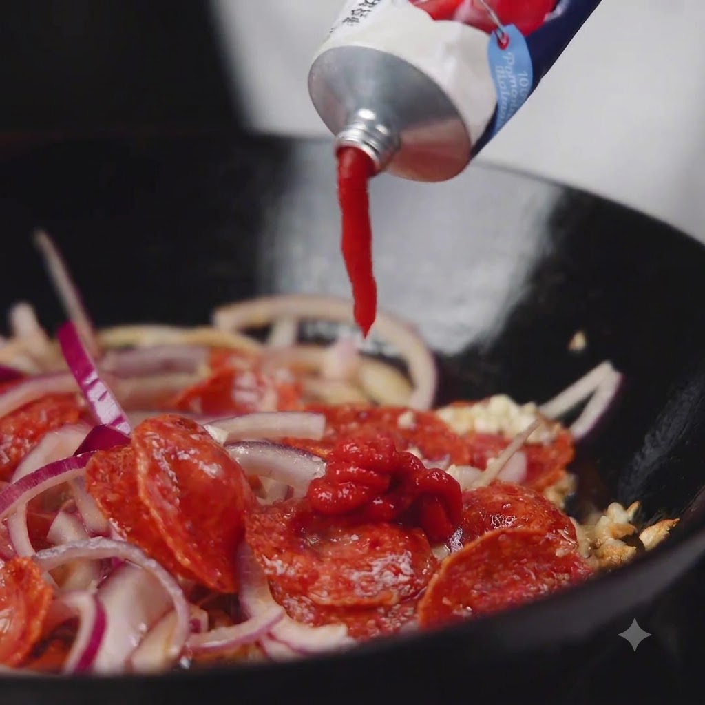 Pasta de tomate roja siendo exprimida desde un tubo hacia la sartén con los ingredientes.