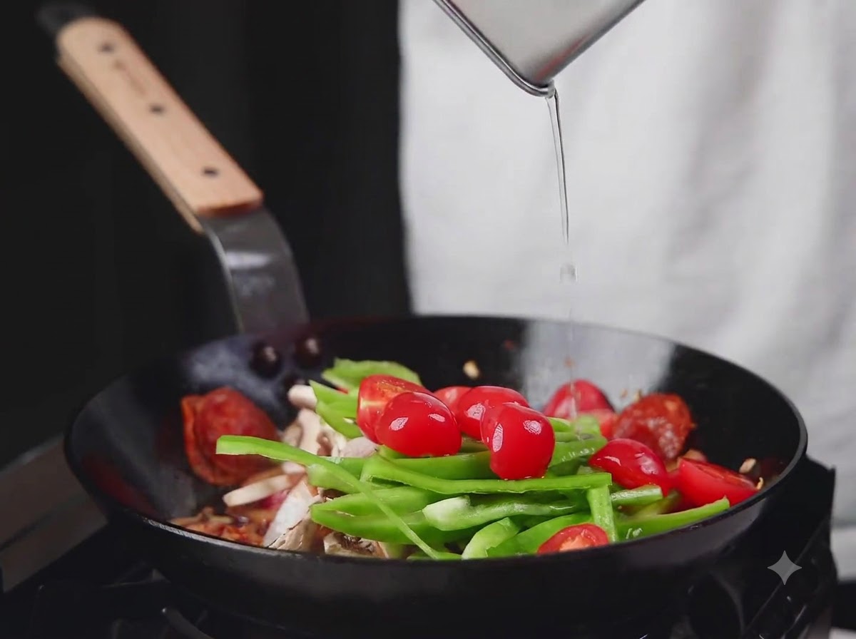 Pimientos verdes, tomates cherry y champiñones siendo añadidos a la sartén.