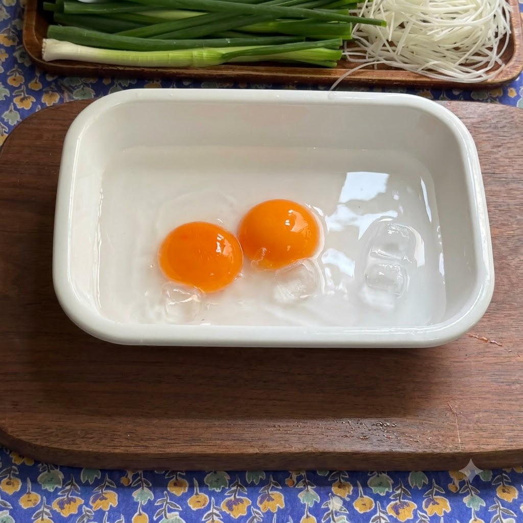 Dos yemas de huevo crudas flotando en agua helada dentro de una bandeja de cerámica blanca sobre una superficie de madera.