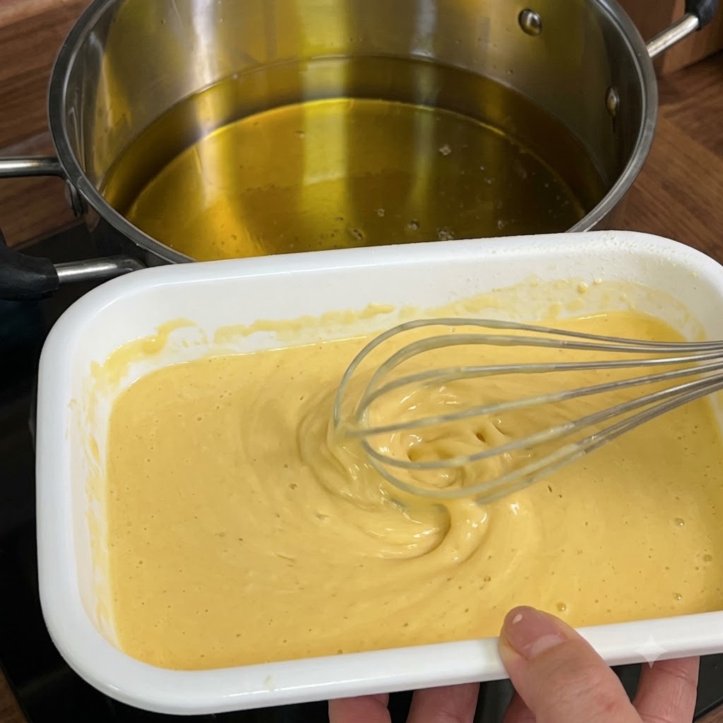 Un batidor goteando masa amarilla en una olla profunda llena de aceite de cocina caliente.