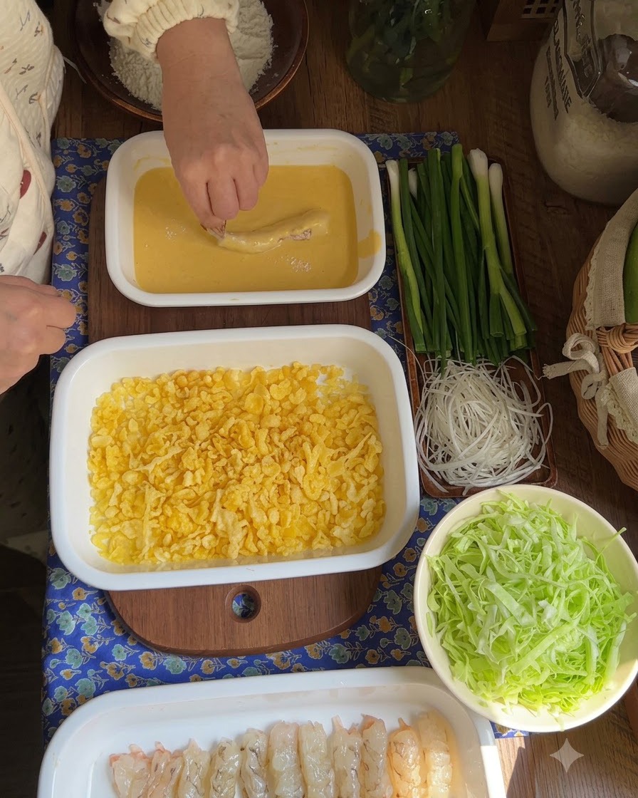 Una mano presionando un camarón cubierto de masa en una cama de copos de tempura amarillos.