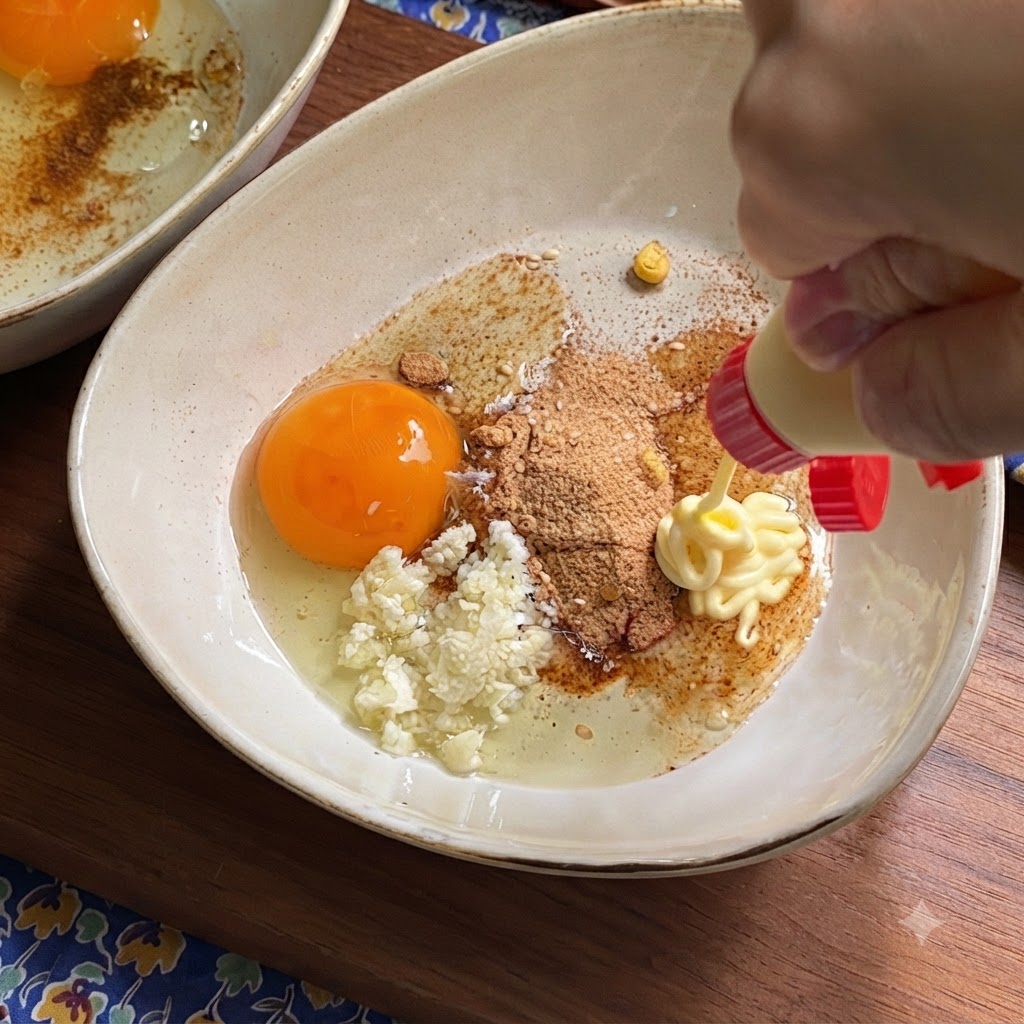 Una botella exprimiendo mayonesa en un tazón lleno con una yema de huevo cruda, ajo y polvo de condimento.