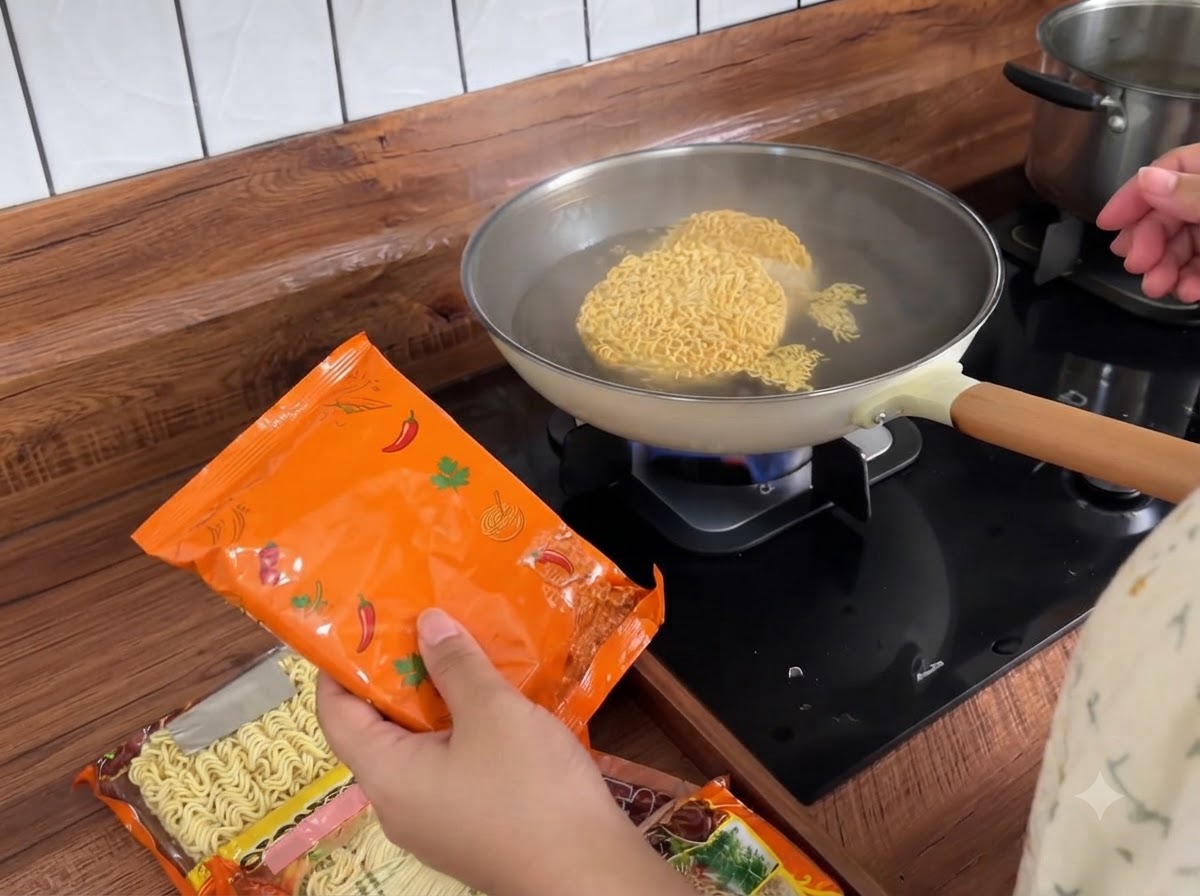 Un cucharón vertiendo agua humeante de una olla de fideos en un tazón de condimentos.