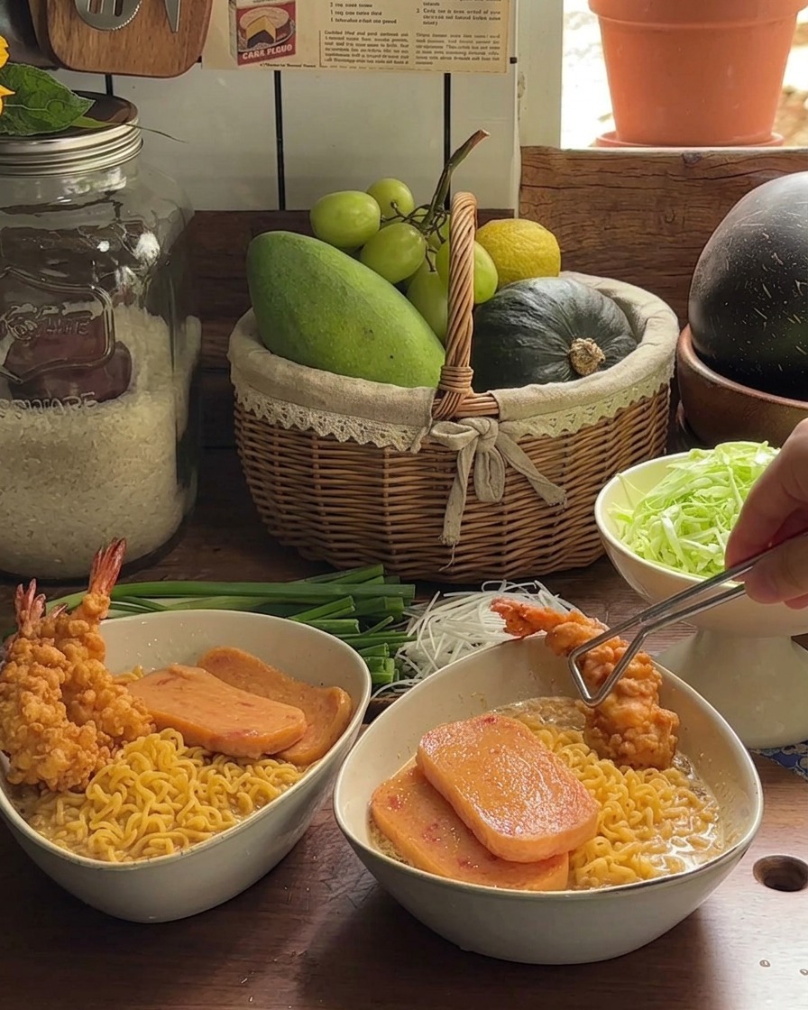 Tazones de ramen ensamblados, coronados con rodajas de spam frito y grandes camarones crujientes en tempura.