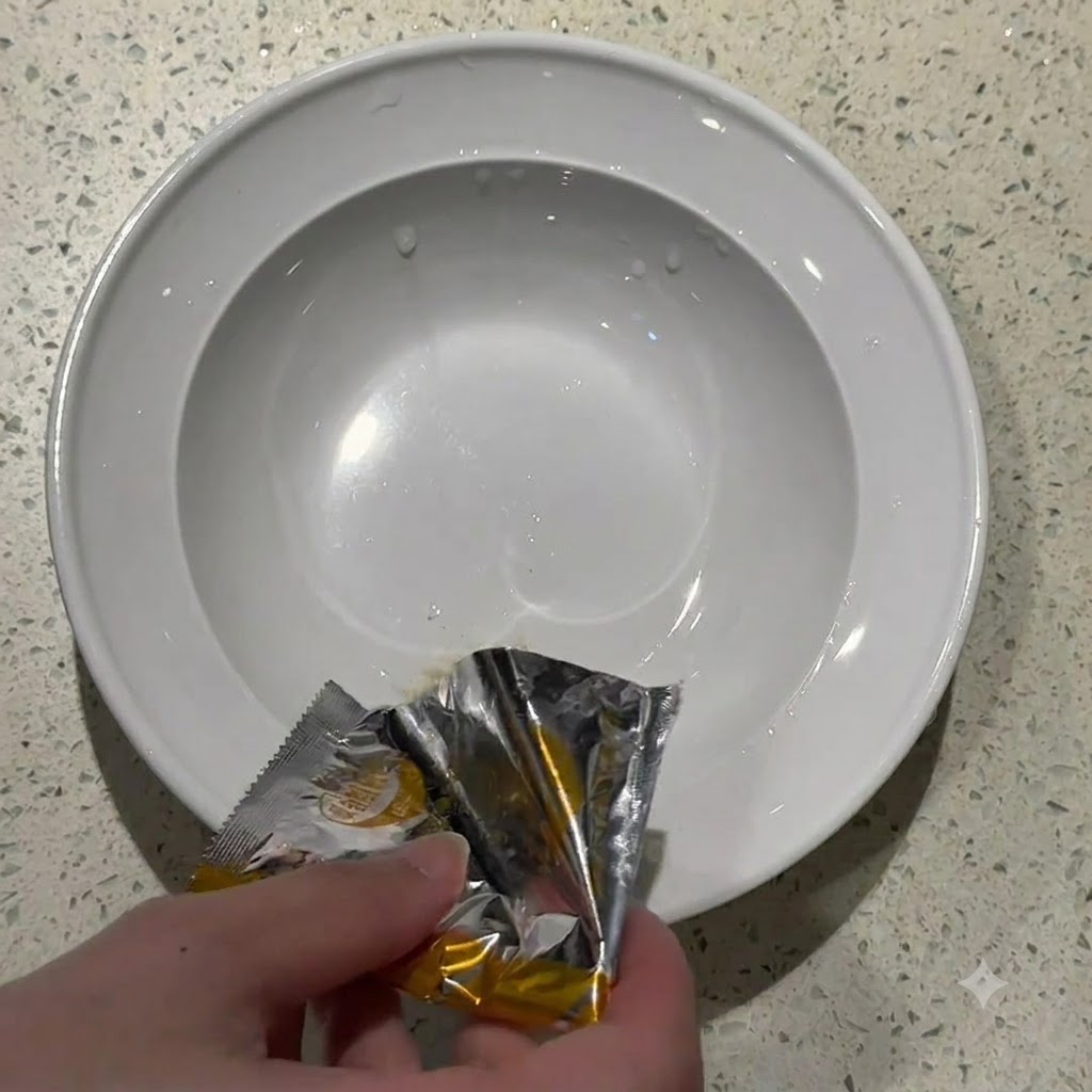 Polvo sazonador de un paquete plateado de fideos instantáneos siendo vertido en un tazón blanco de cerámica.