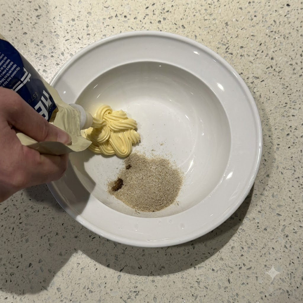 Una mano sosteniendo un tubo exprimidor, dispensando mayonesa amarilla en un tazón blanco que contiene el polvo sazonador.