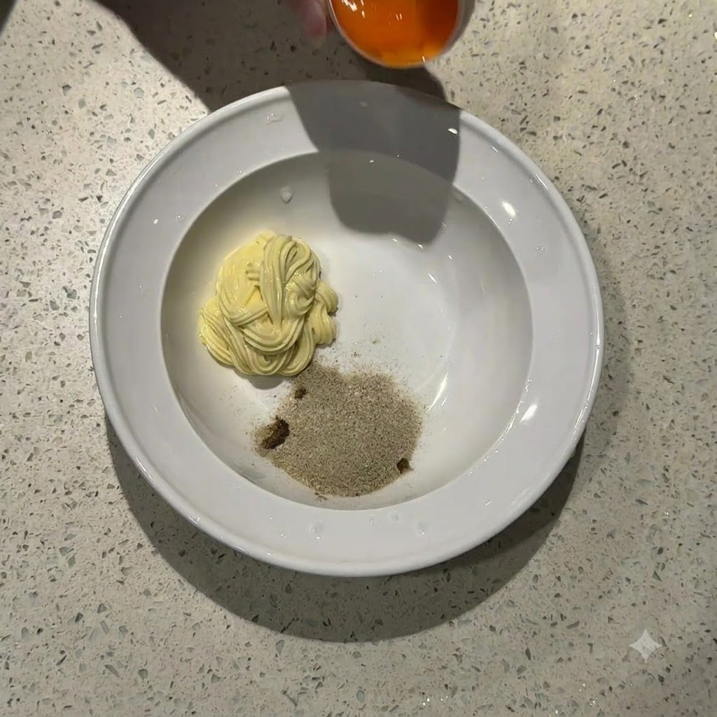 Una yema de huevo cruda de color naranja cayendo desde la mitad de una cáscara de huevo en un tazón blanco con mayonesa y polvo sazonador.