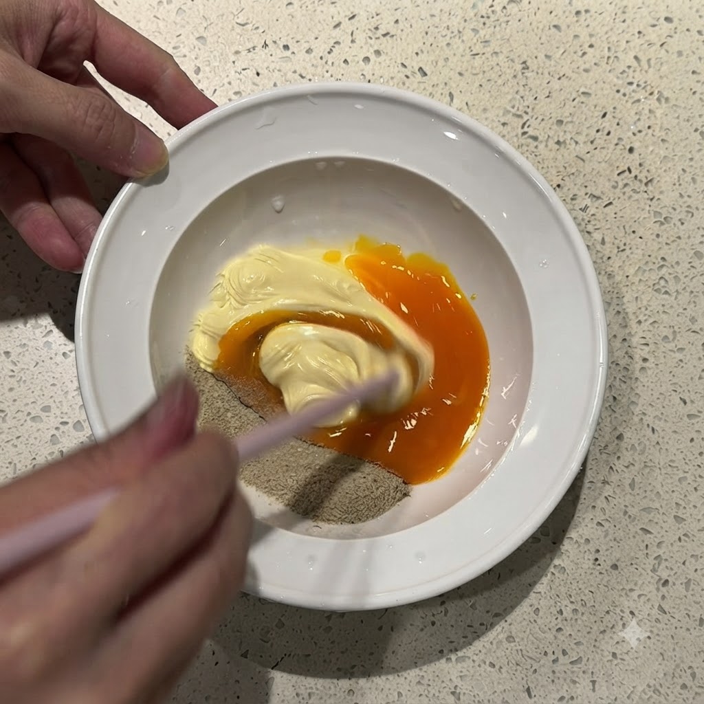 Una mano sosteniendo palillos rosados, removiendo activamente una pasta espesa de color naranja hecha de yema de huevo, mayonesa y polvo sazonador en un tazón blanco.