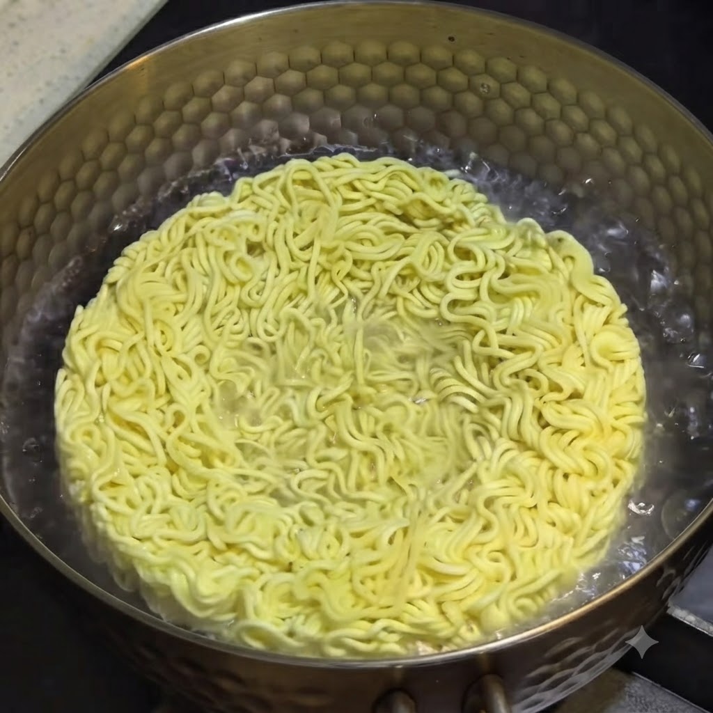 Un bloque redondo de fideos instantáneos ondulados sumergidos en una olla de metal texturizada con agua hirviendo y burbujeante.
