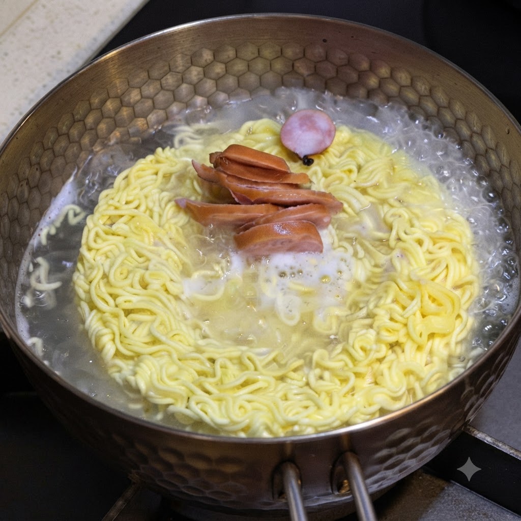 Salchichas de hot dog en rodajas y una rodaja redonda de pastel de pescado cociéndose en una olla de fideos instantáneos hirviendo.