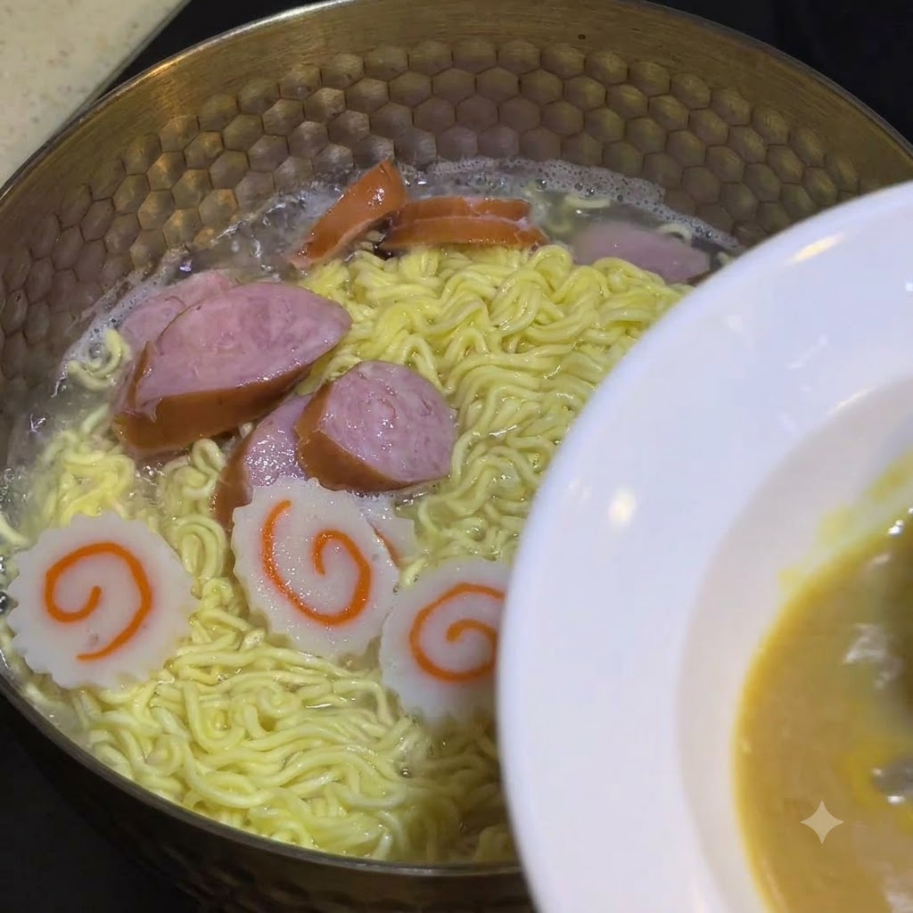 Un cucharón sacando caldo caliente de la olla de cocción hacia un tazón blanco con salsa.