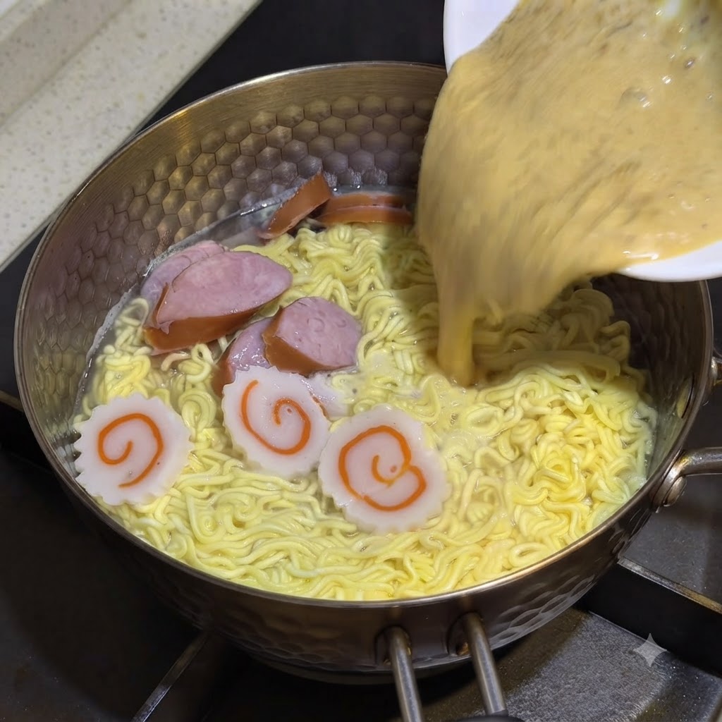 La salsa mezclada siendo vertida desde un tazón blanco en la olla hirviendo de fideos.