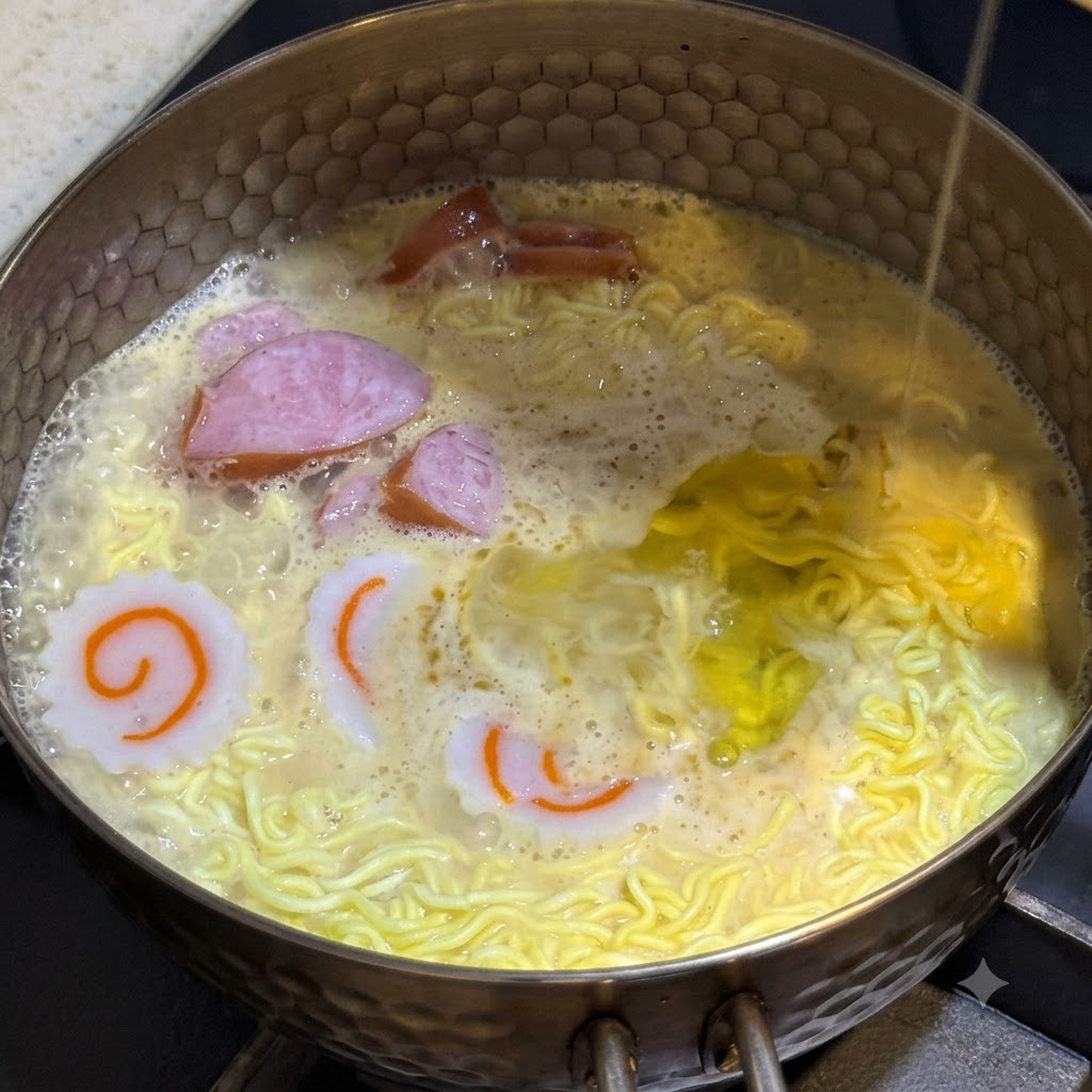 Clara de huevo fluyendo en un hilo continuo hacia la olla hirviendo de fideos llena de caldo y salchichas en rodajas.
