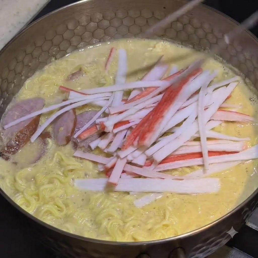 Palitos de cangrejo desmenuzados cayendo sobre la superficie de los fideos y el caldo a fuego lento.