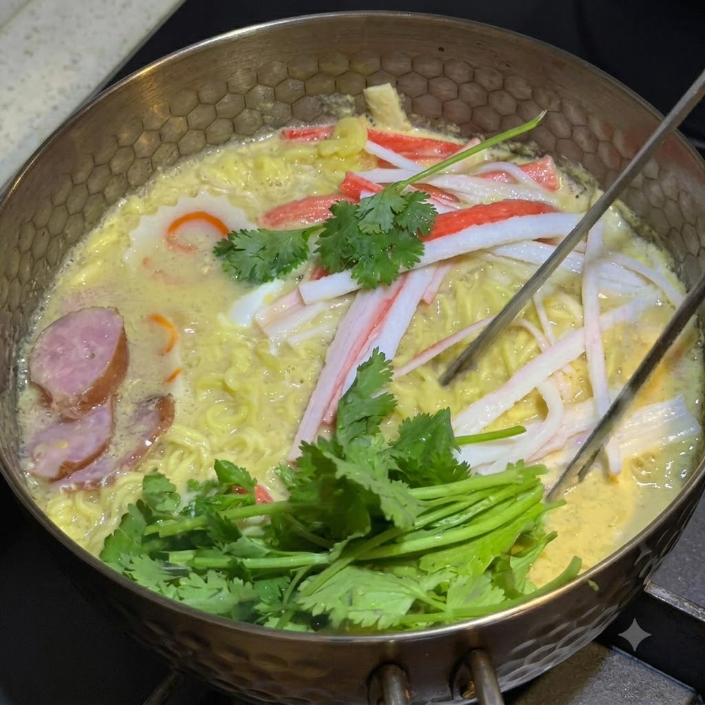 Hojas y tallos de cilantro fresco siendo colocados en la olla de fideos y acompañamientos.