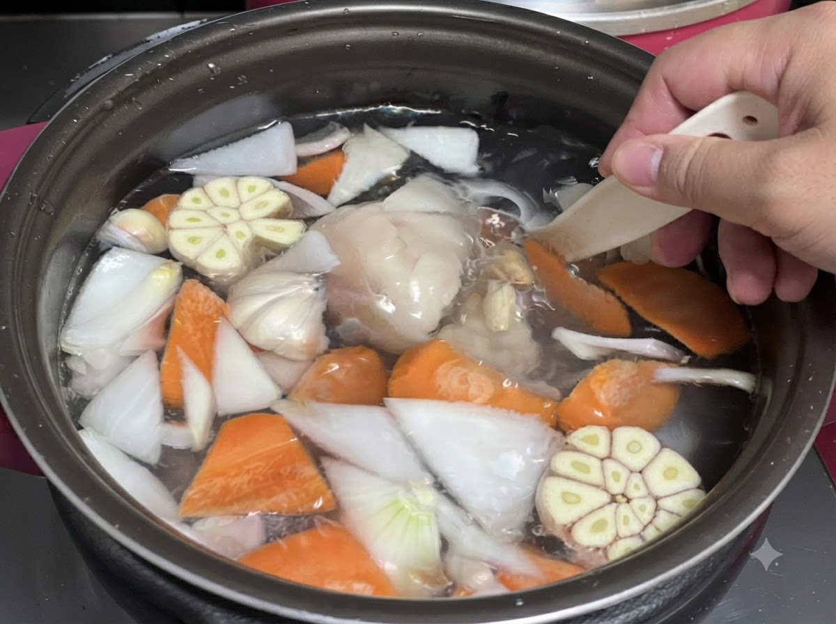 Huesos de cerdo, patas de pollo y verduras sumergidas en una olla a presión.