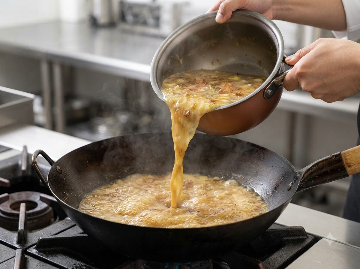 El caldo se vierte en un wok mientras se mezclan copos de bonito ahumado.