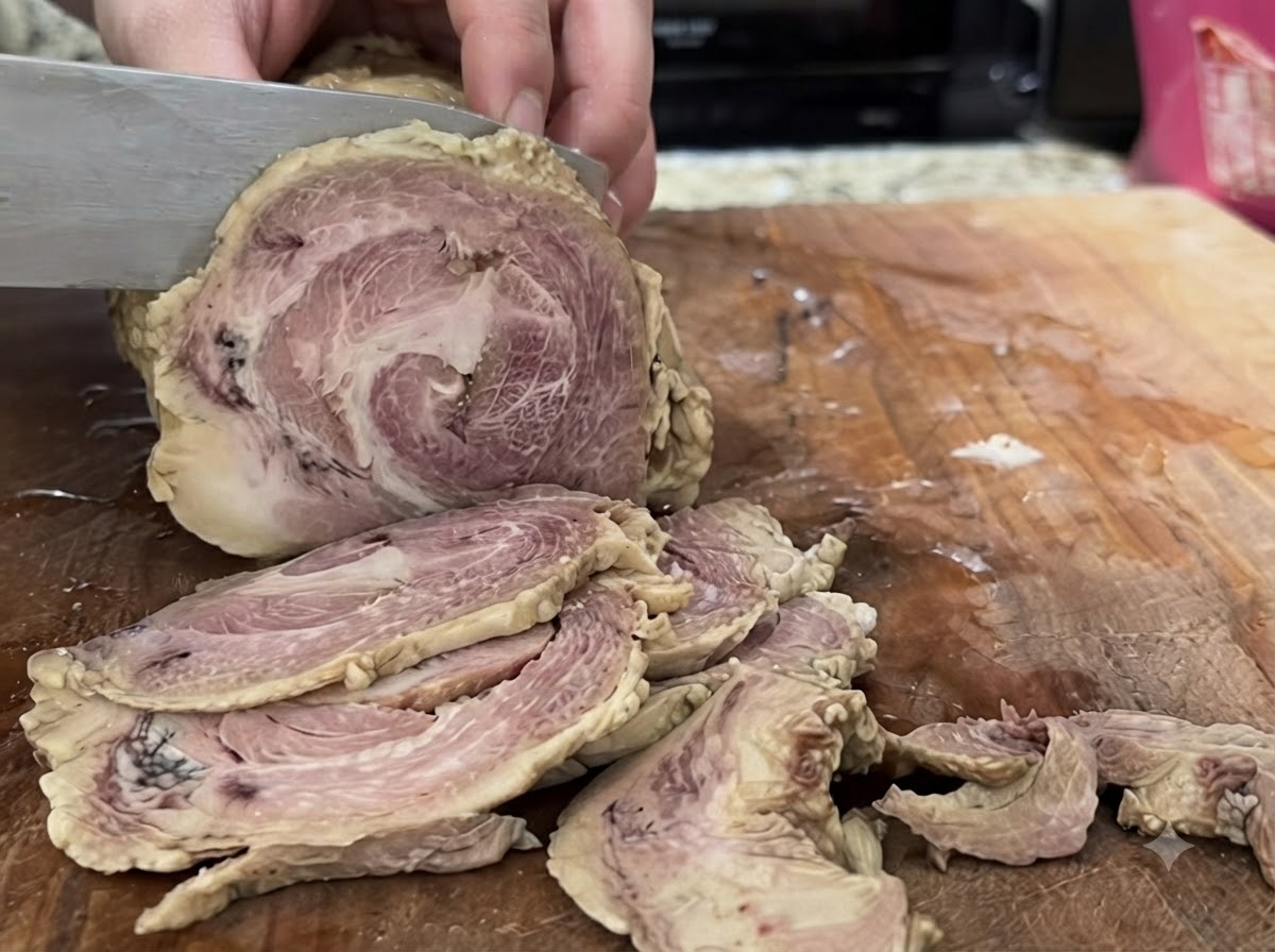 Cortando la carne de chashu fría en una tabla de cortar con un cuchillo.