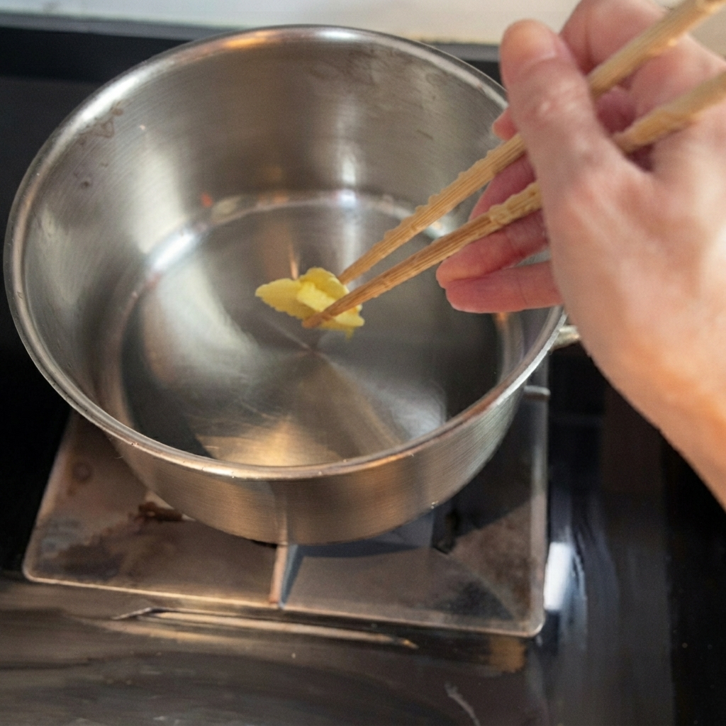 Rodajas de jengibre chisporroteando en aceite caliente dentro de una olla de metal.