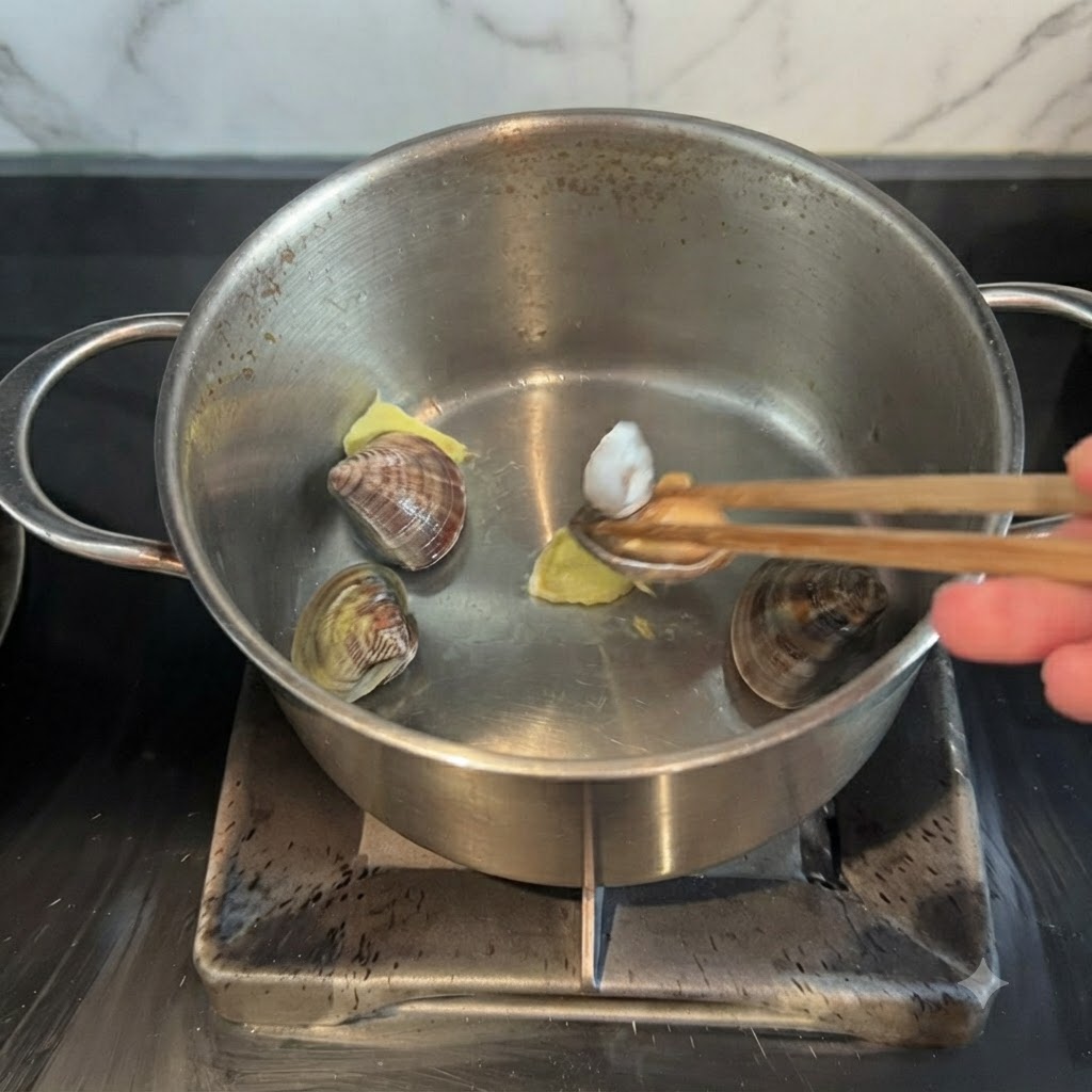 Almejas asari, trozos de cangrejo, vieiras y hongos añadidos a la olla con jengibre.