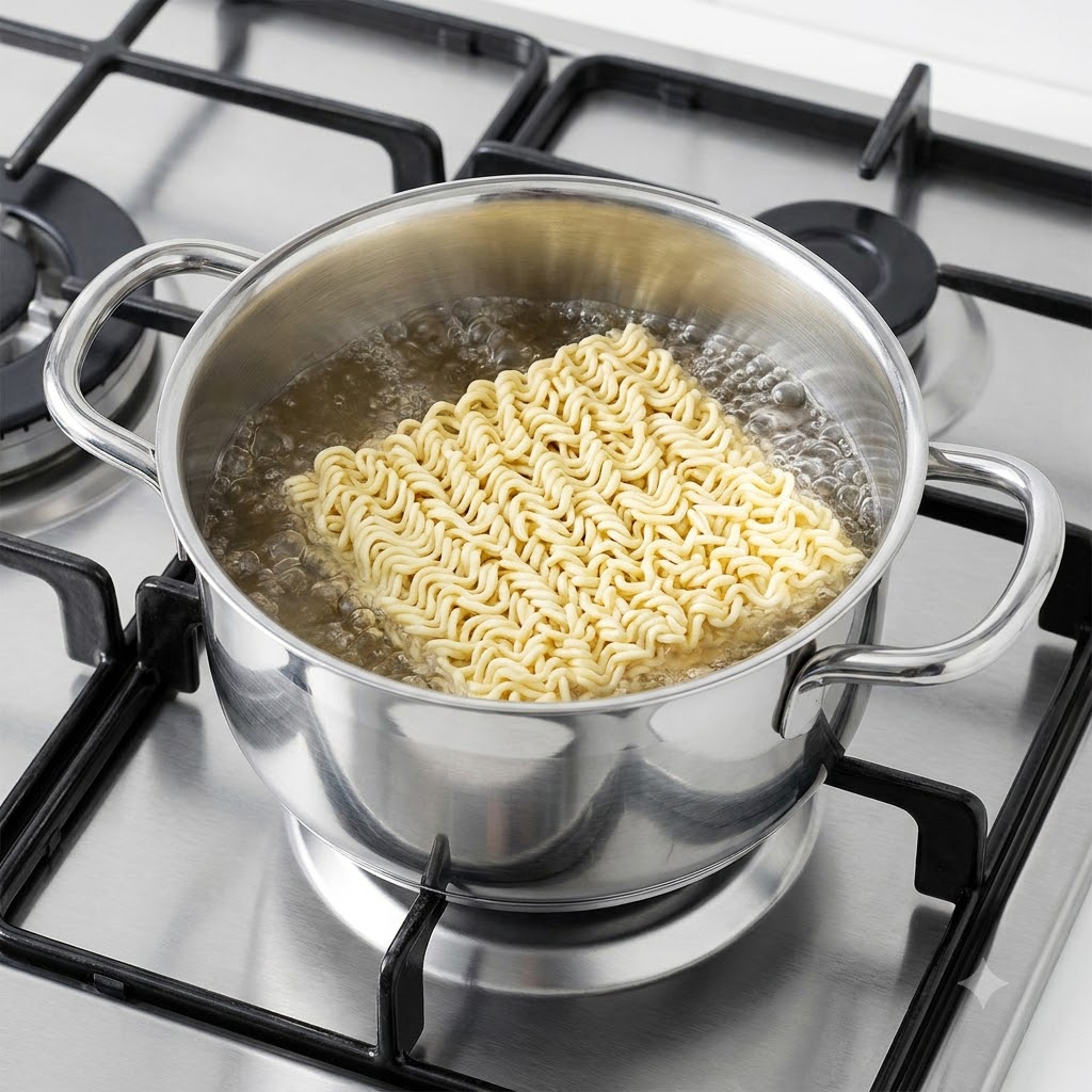 Un bloque de fideos Jin Ramen colocado dentro de la sopa de mariscos dorada burbujeante.