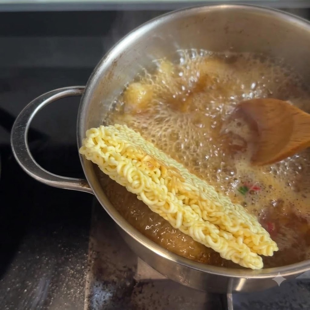 Palillos volteando los fideos ramen e ingredientes en una olla de caldo a fuego lento.
