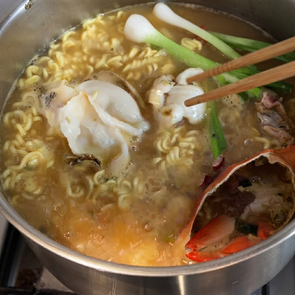 Cebollinos, rodajas de abulón y rodajas de carne de res siendo mezcladas en la sopa de fideos a fuego lento con palillos.