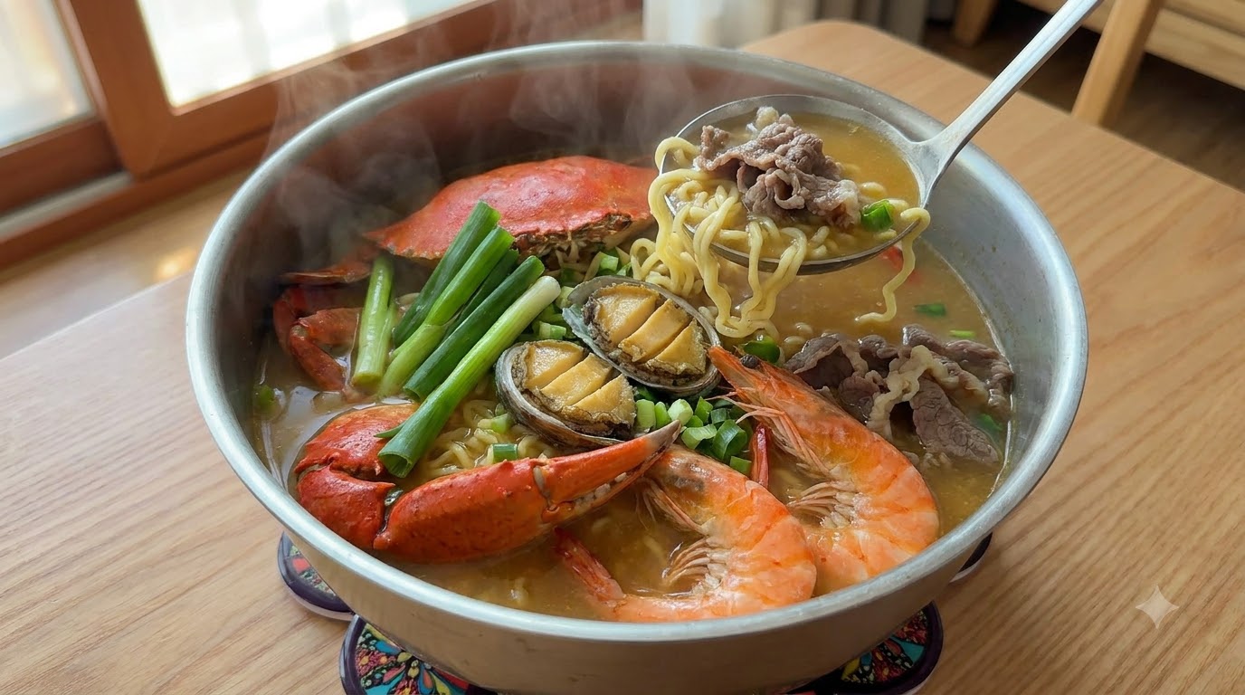 Un lujoso tazón de ramen de mariscos casero cargado de cangrejo fresco, langostinos, abulón y tierna carne en un caldo dorado.