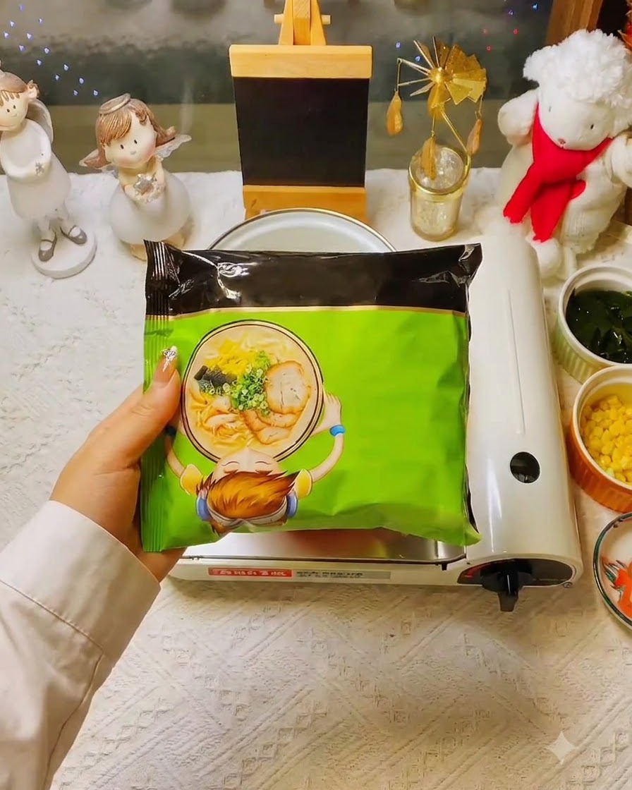 Una mano sosteniendo un paquete verde de fideos instantáneos frente a una estufa portátil.