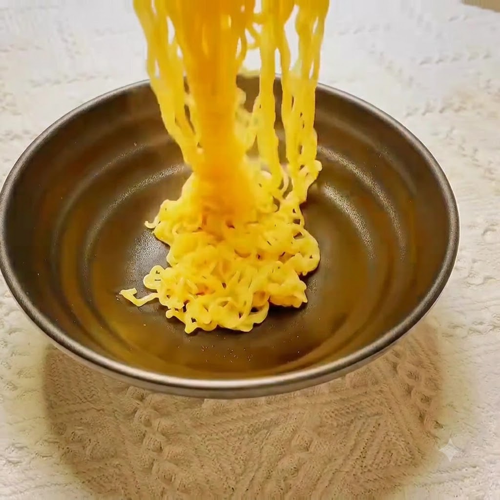 Fideos amarillos siendo levantados con palillos y colocados dentro de un bol de cerámica oscura.