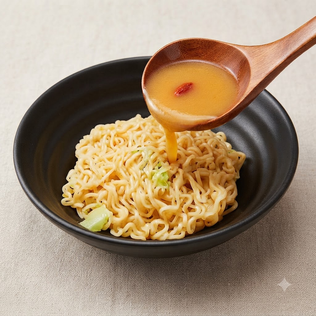 Un cucharón de sopa de madera vierte caldo sazonado de una olla directamente sobre una cama de fideos cocidos dentro de un bol de cerámica negra.