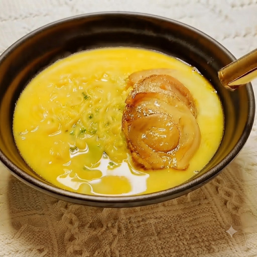 Rebanadas de cerdo chashu en un bol de fideos siendo doradas con un soplete de cocina portátil.