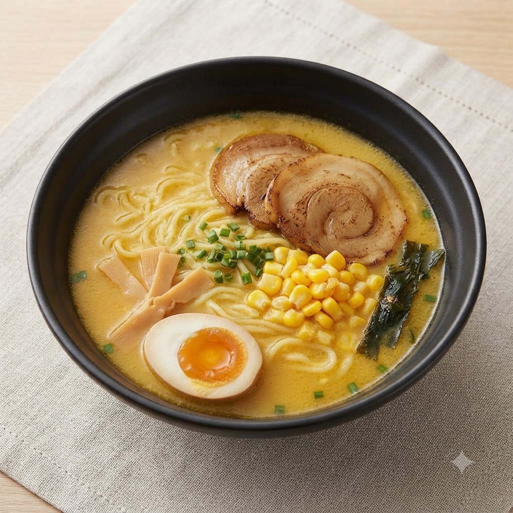 Una cuchara de madera agregando granos de maíz dulce amarillo en un bol de ramen.